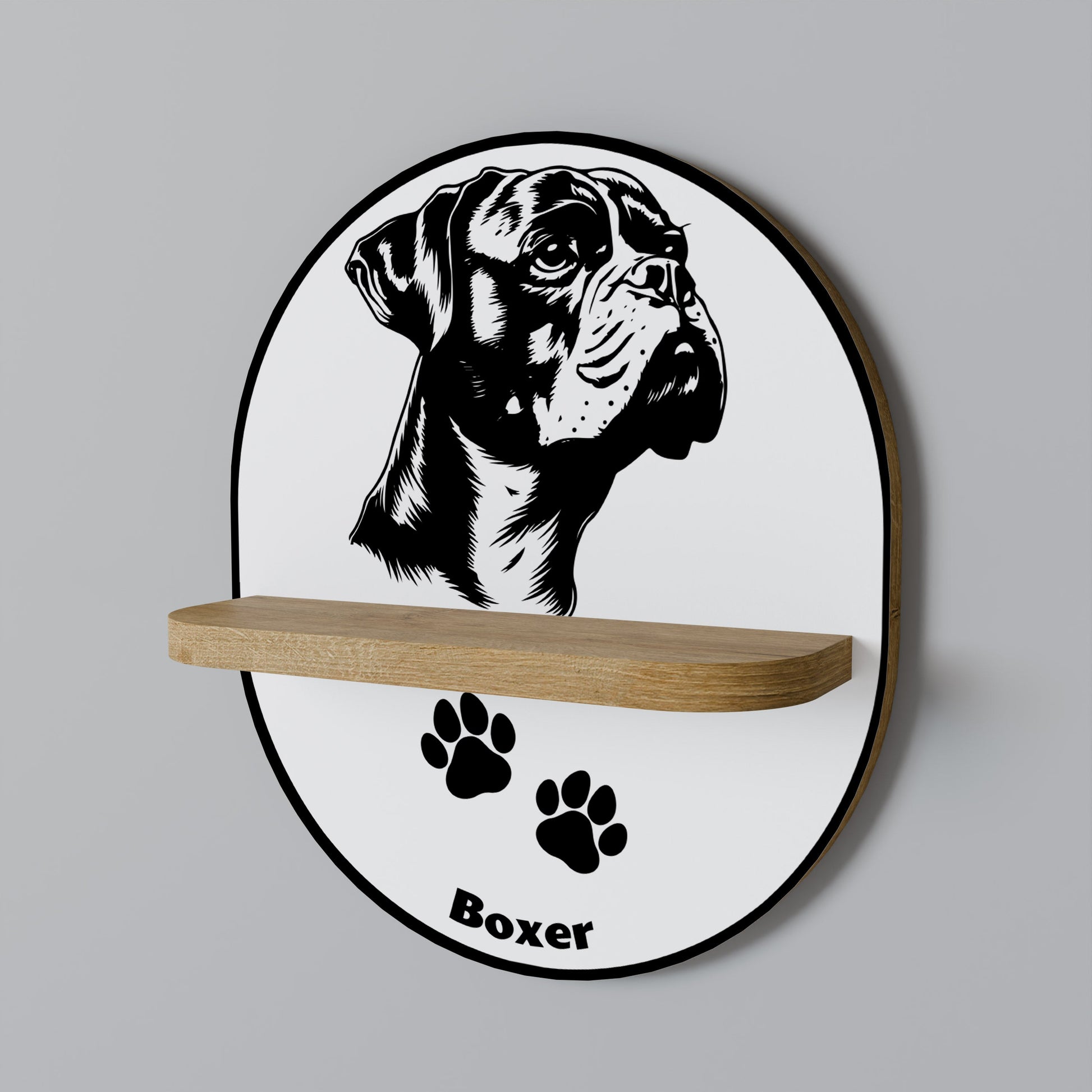 BOXER DOG Oval Art Shelf In Oak Effect