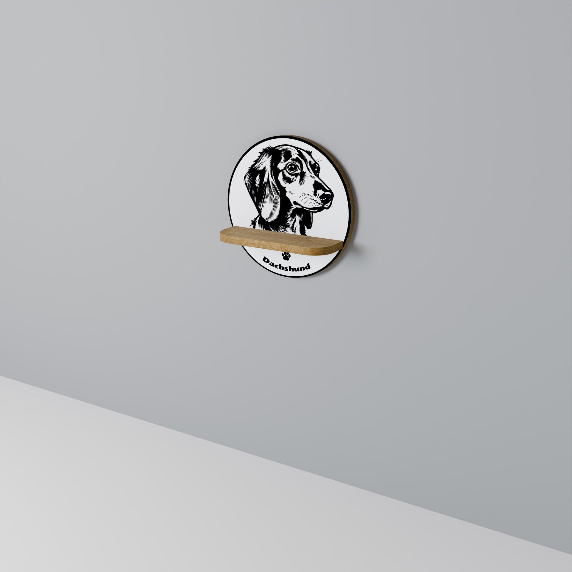 DACHSHUND DOG Round Art Shelf In Oak Effect