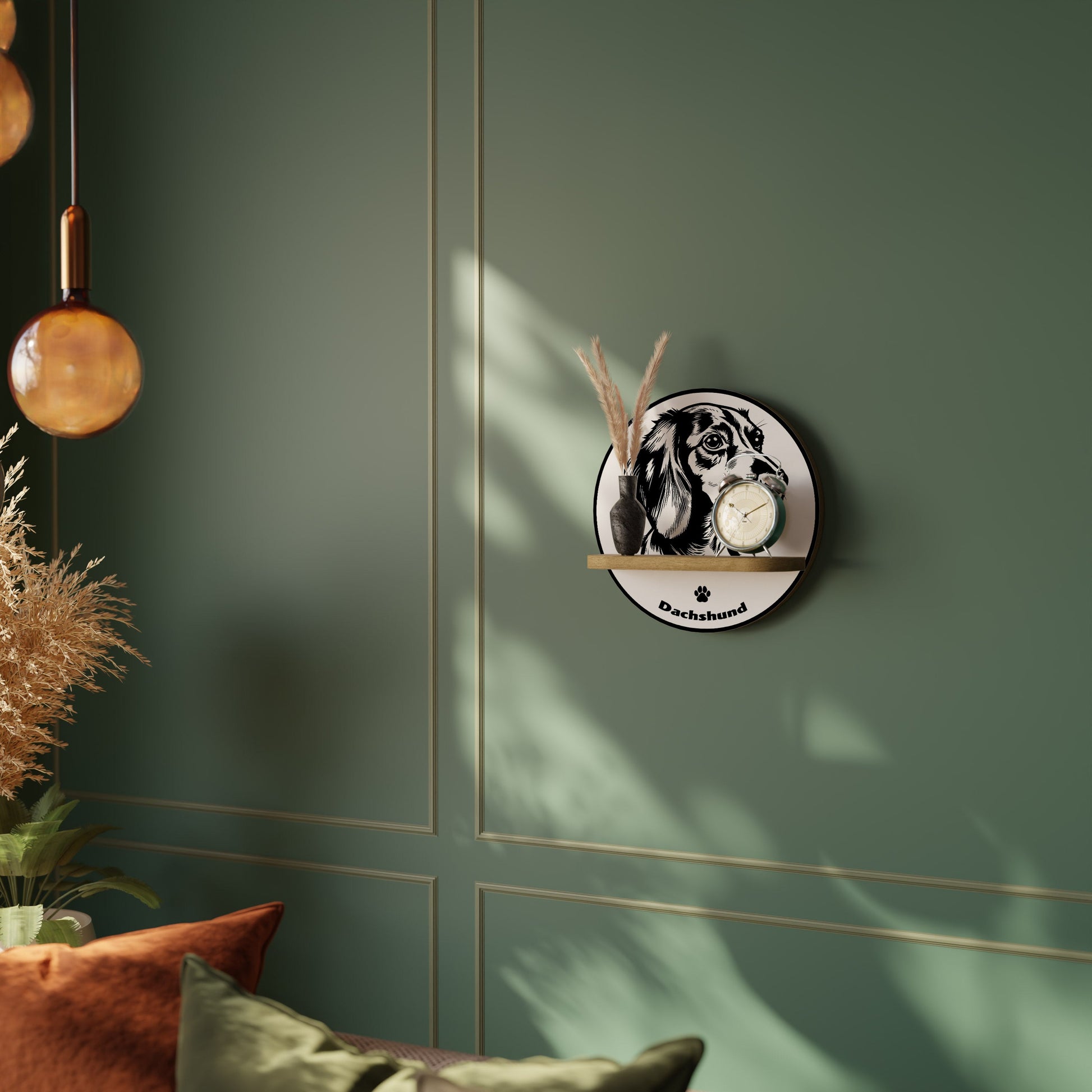 DACHSHUND DOG Round Art Shelf In Oak Effect