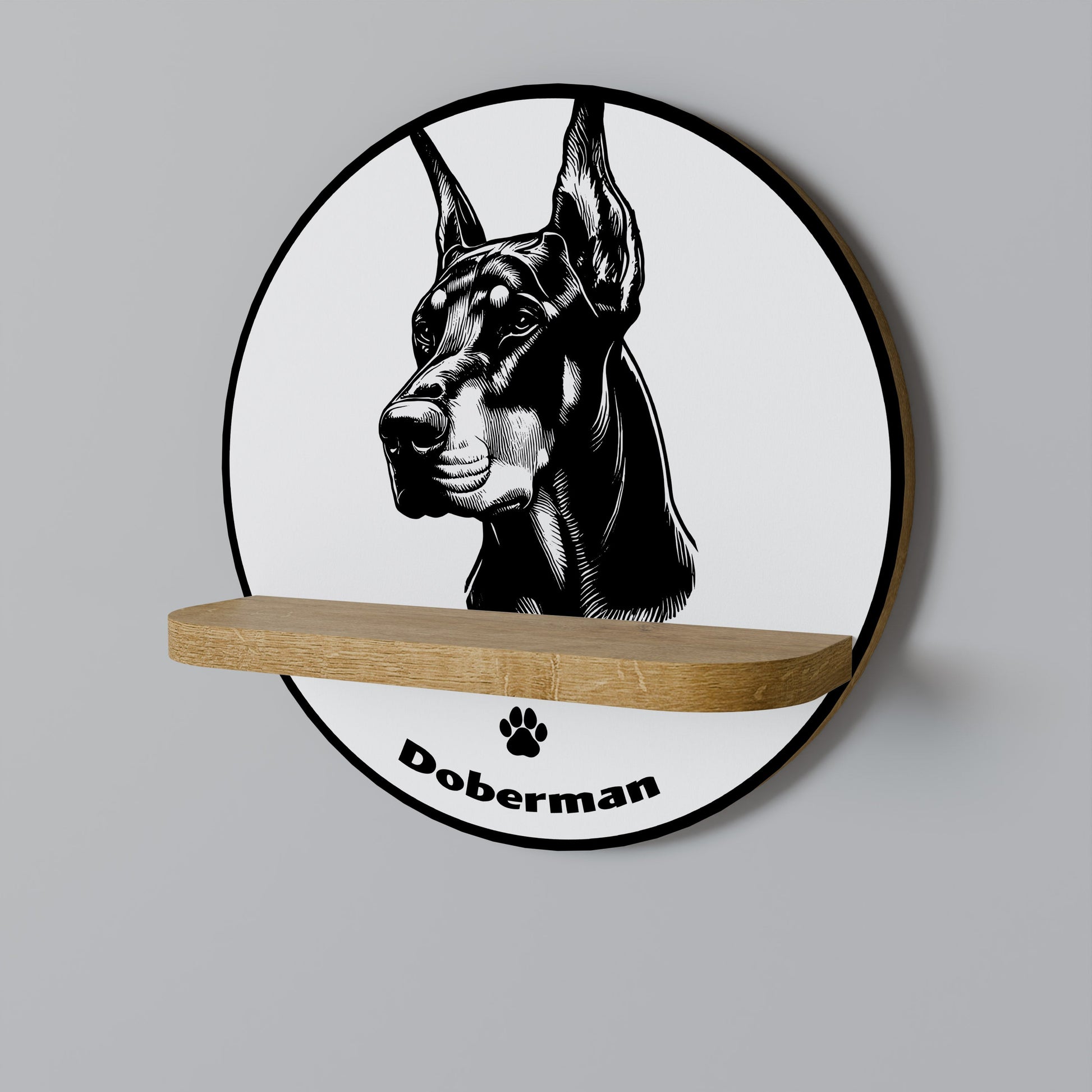 DOBERMAN DOG Round Art Shelf In Oak Effect