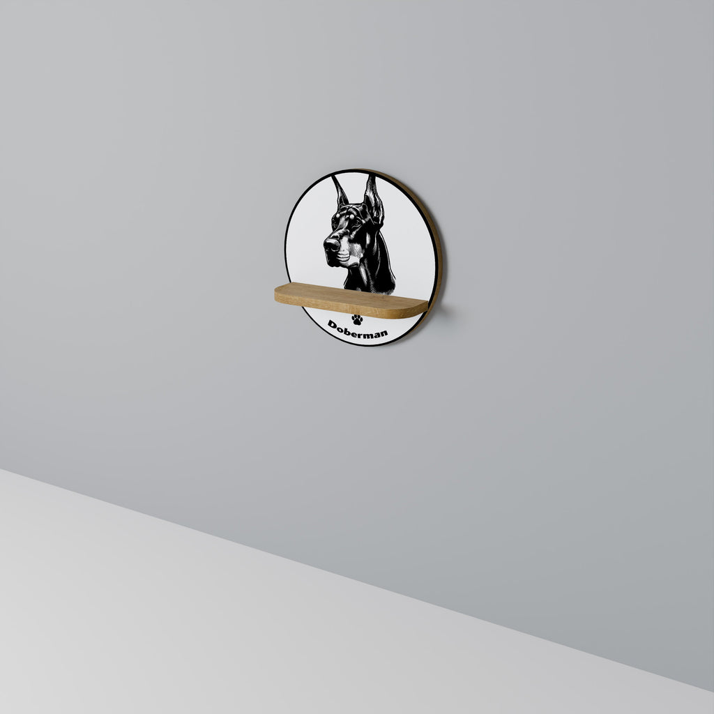 DOBERMAN DOG Round Art Shelf In Oak Effect