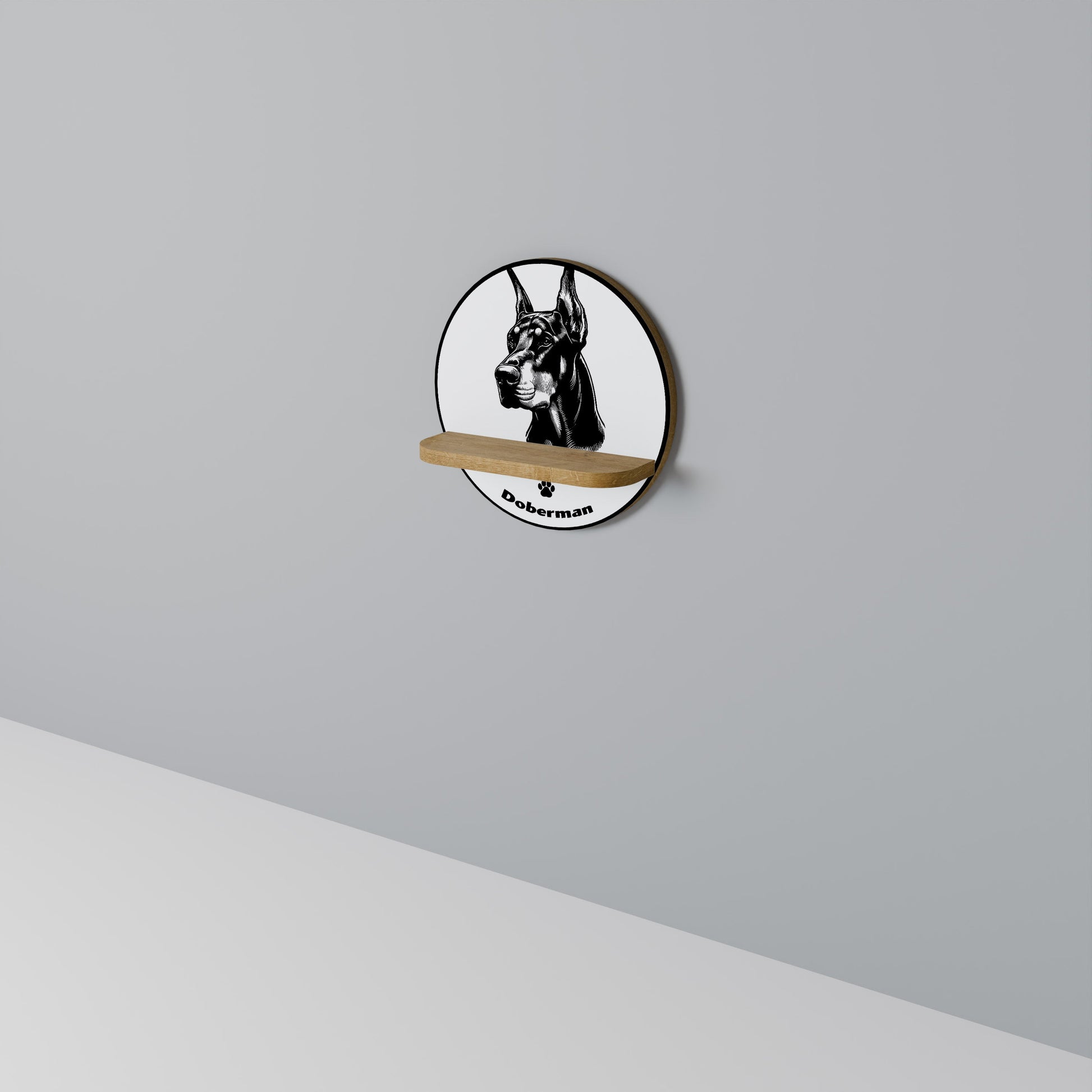 DOBERMAN DOG Round Art Shelf In Oak Effect