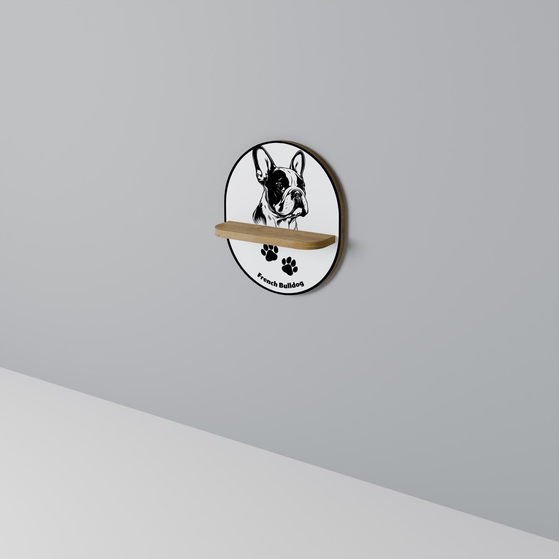 FRENCH BULLDOG Oval Art Shelf In Oak Effect