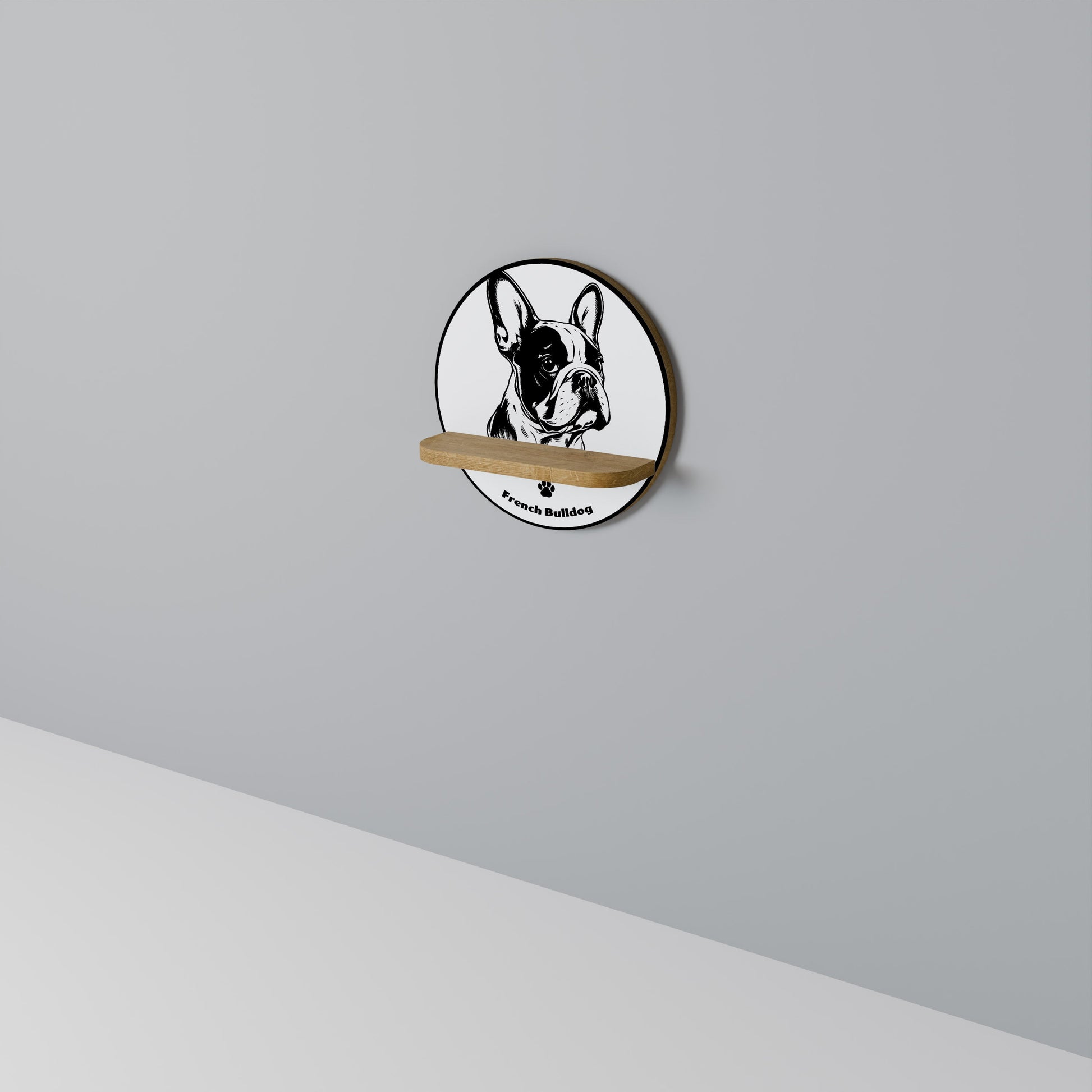 FRENCH BULLDOG Round Art Shelf In Oak Effect