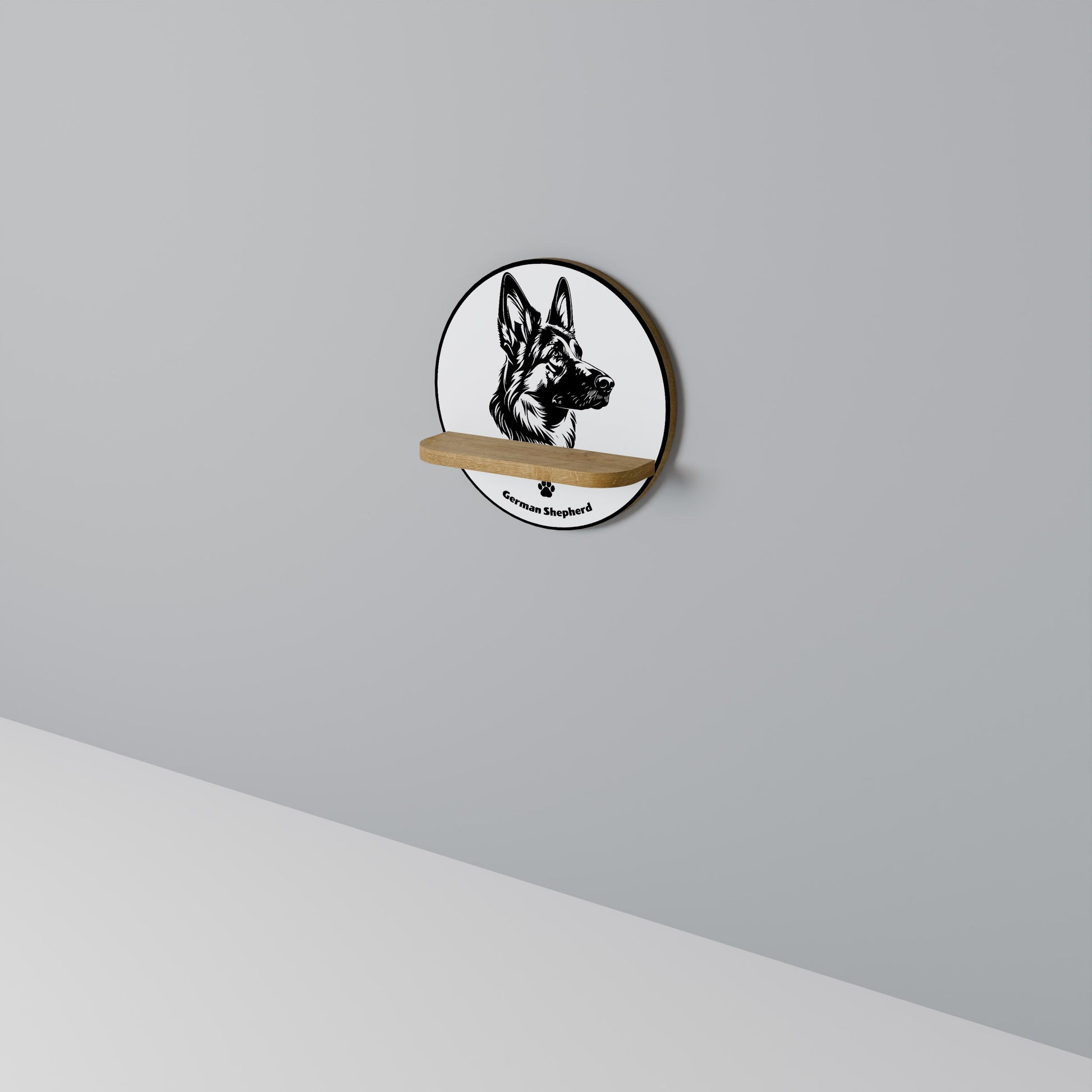 GERMAN SHEPARD Round Art Shelf In Oak Effect