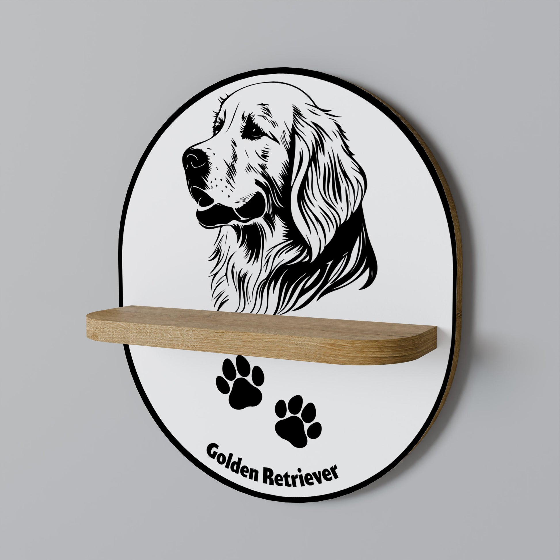 GOLDEN RETRIEVER Oval Art Shelf In Oak Effect
