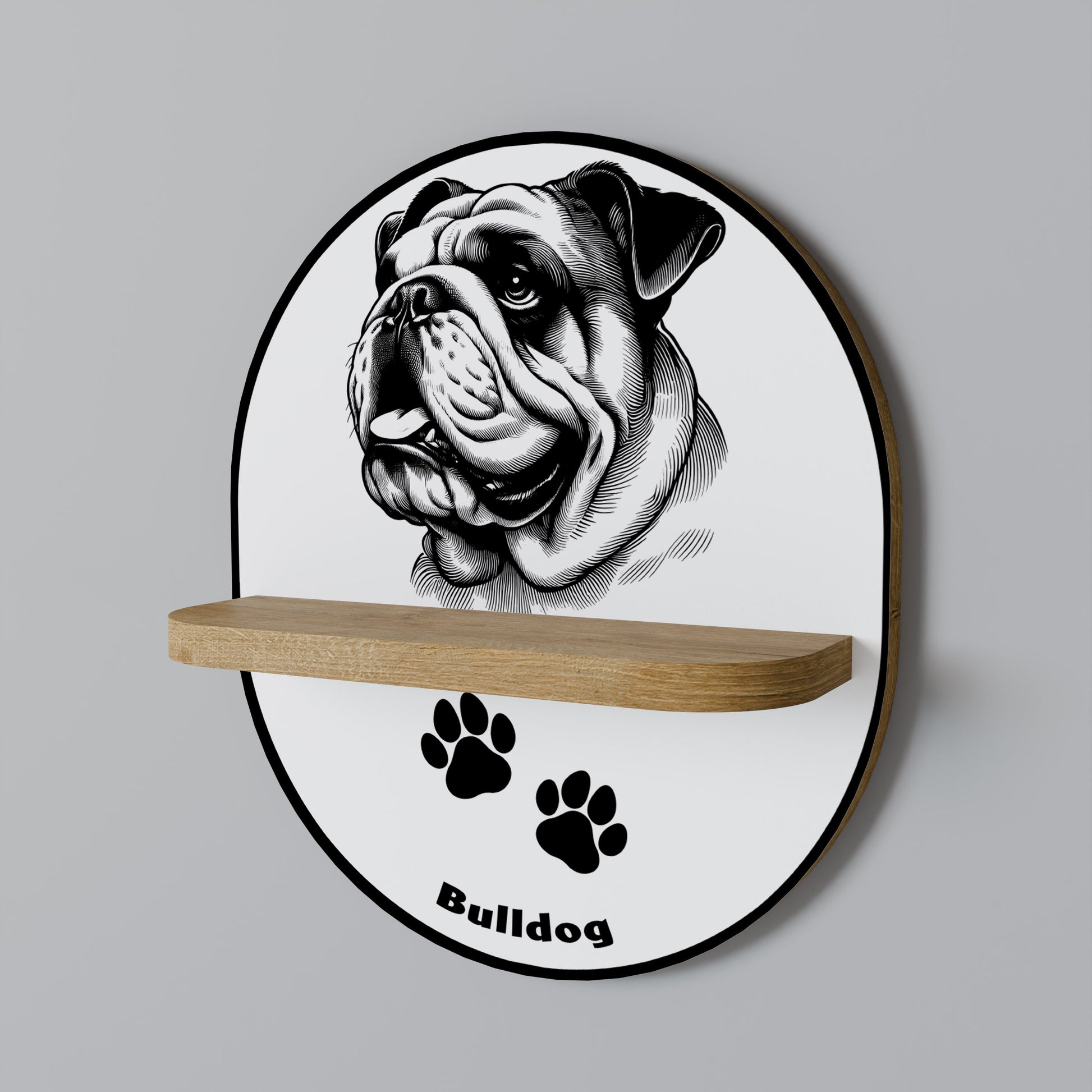 BULLDOG DOG Oval Art Shelf In Oak Effect