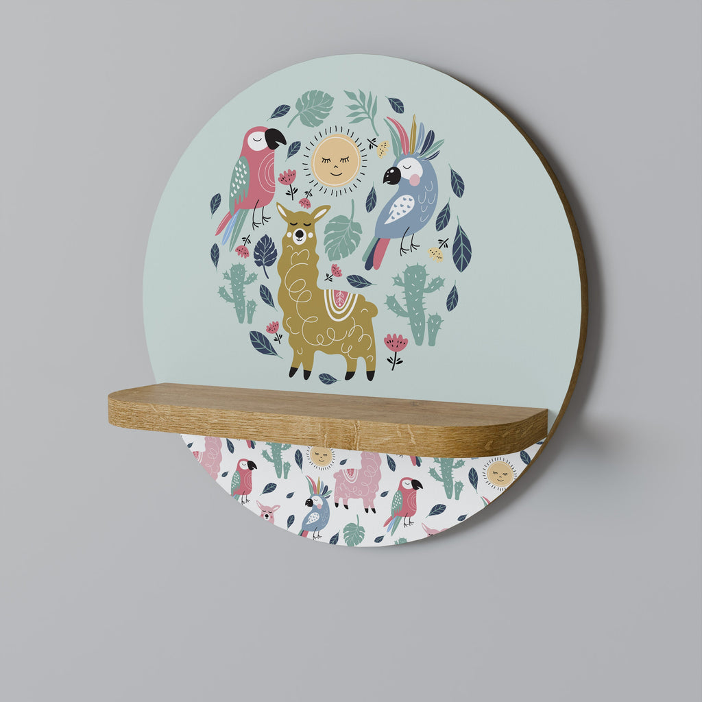 COLORFUL ALPACAS Round Art Shelf In Oak Effect