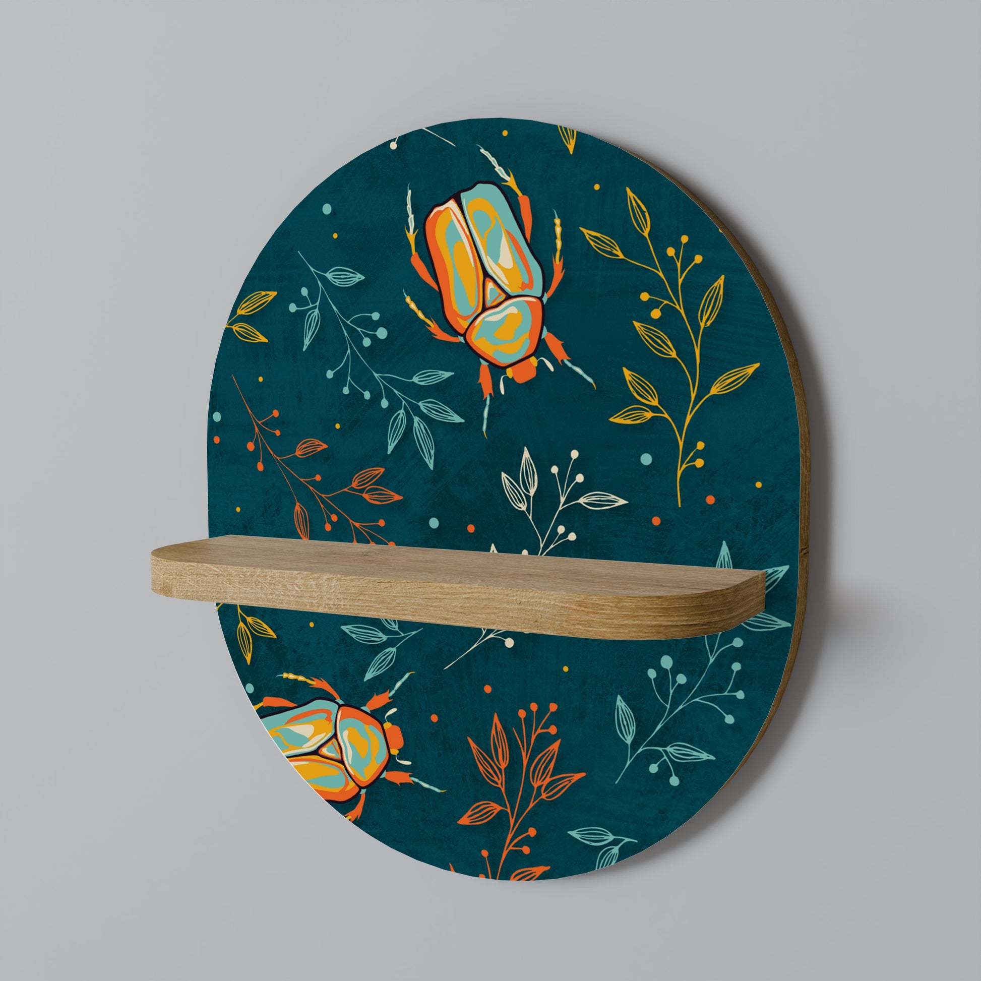 AUTUMN INSECTS Oval Art Shelf In Oak Effect