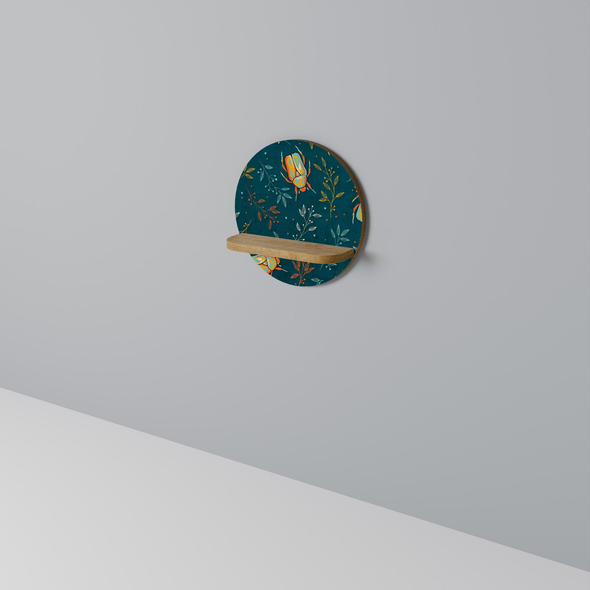 AUTUMN INSECTS Round Art Shelf In Oak Effect