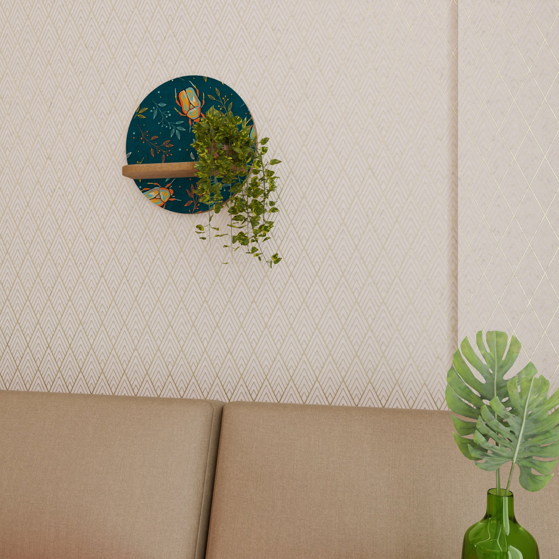 AUTUMN INSECTS Round Art Shelf In Oak Effect