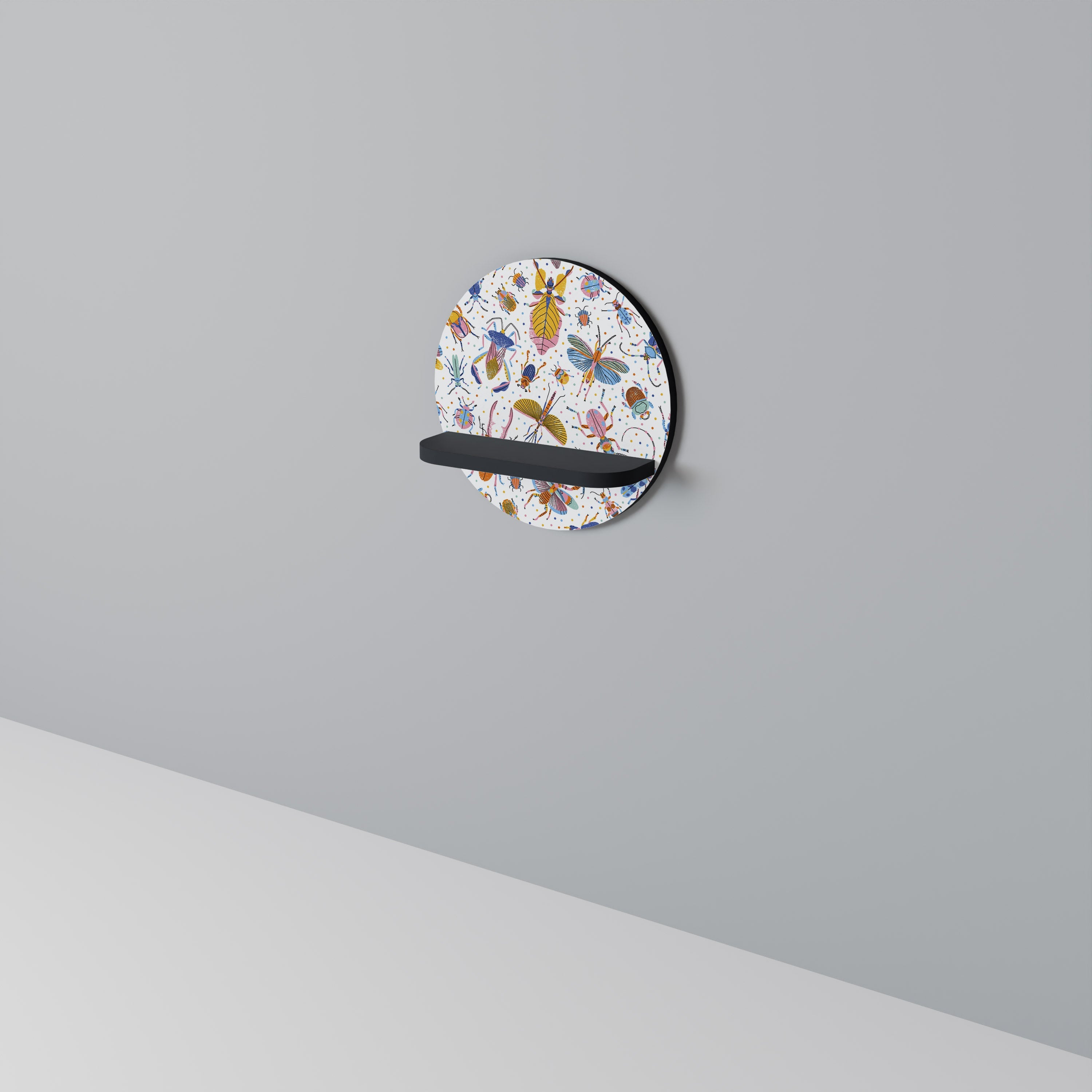 Étagère ronde à motifs d'insectes colorés, finition noire