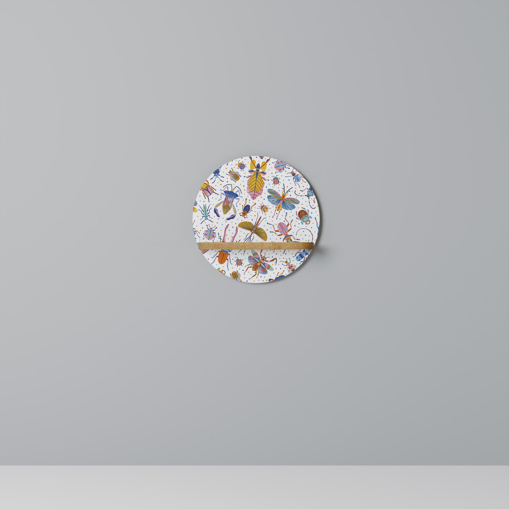 COLORFUL INSECTS Round Art Shelf In Oak Effect