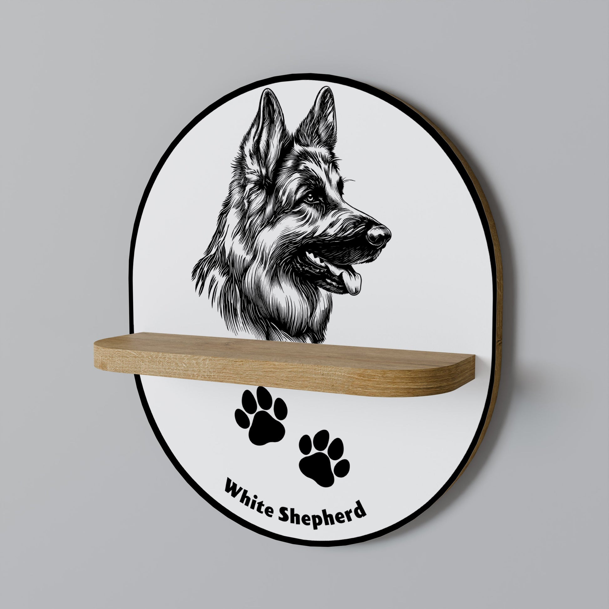WHITE SHEPHERD DOG Oval Art Shelf In Oak Effect