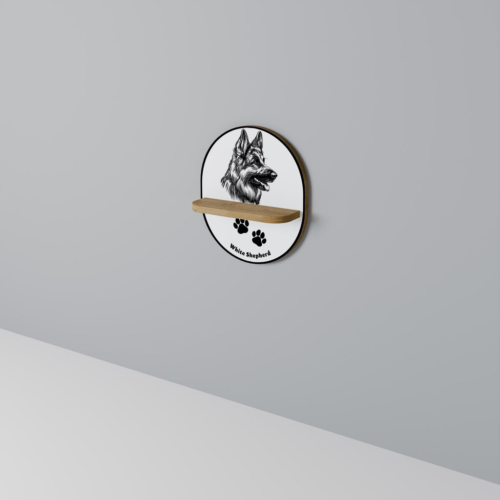 WHITE SHEPHERD DOG Oval Art Shelf In Oak Effect