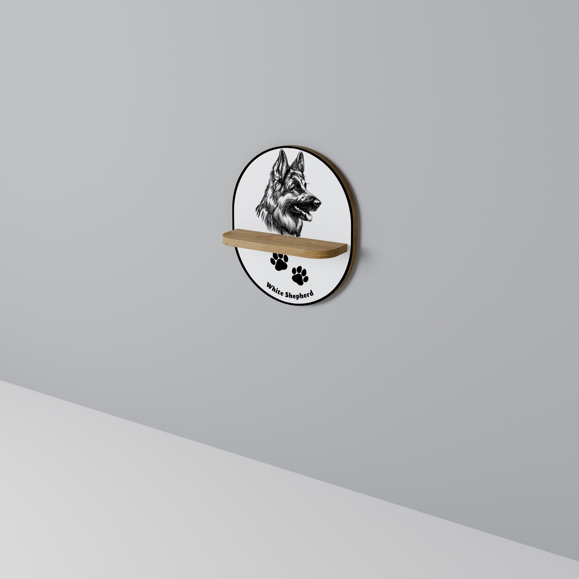 WHITE SHEPHERD DOG Oval Art Shelf In Oak Effect