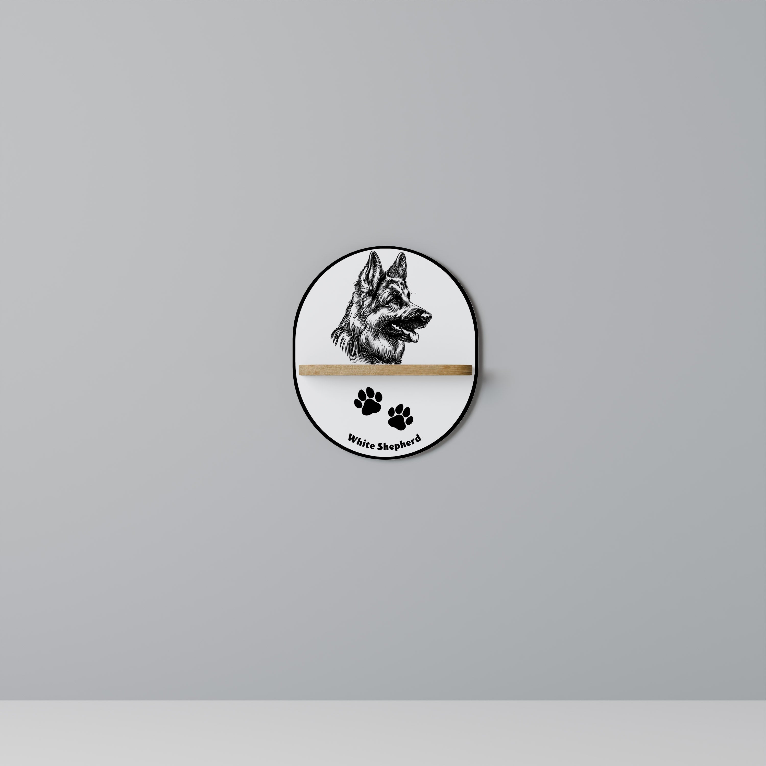 Étagère ovale en chêne avec motif berger blanc