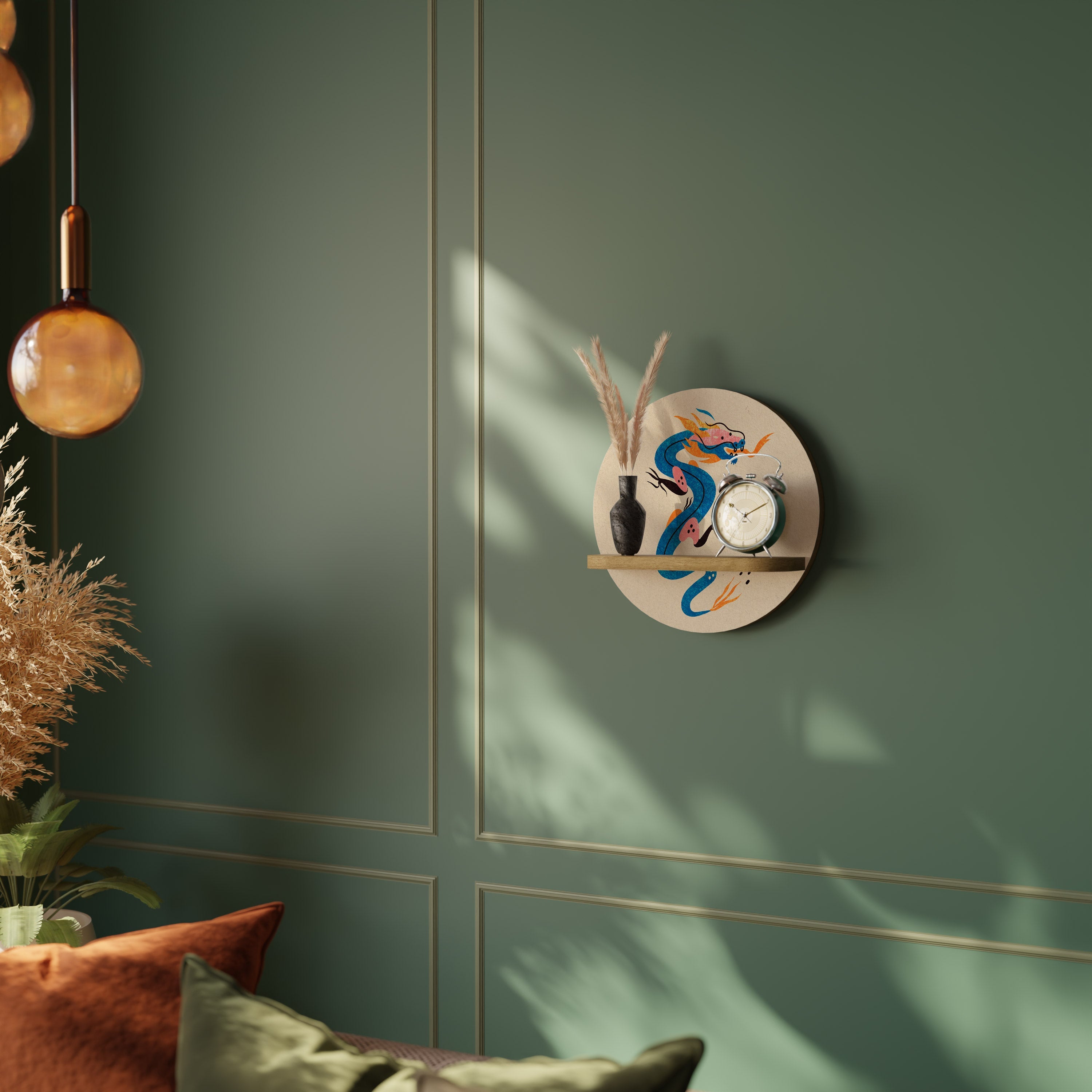 Étagère d'art ronde effet chêne CRÉATURES MYTHOLOGIQUES