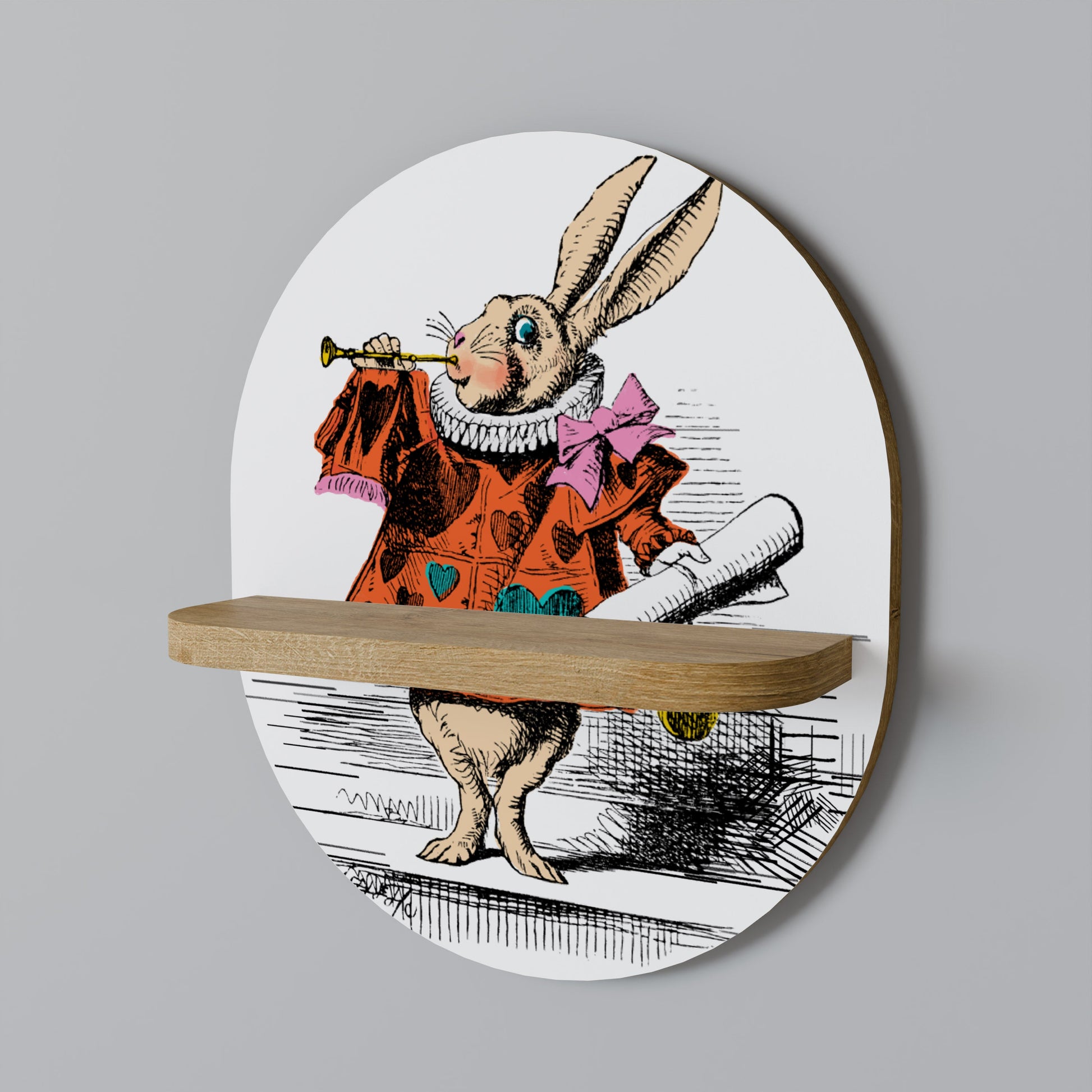 COLORFUL WHITE RABBIT Oval Art Shelf In Oak Effect