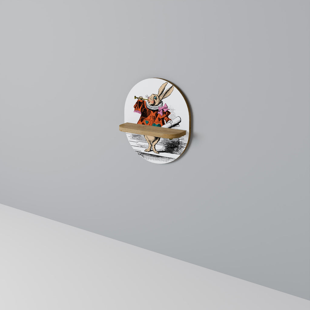 COLORFUL WHITE RABBIT Oval Art Shelf In Oak Effect