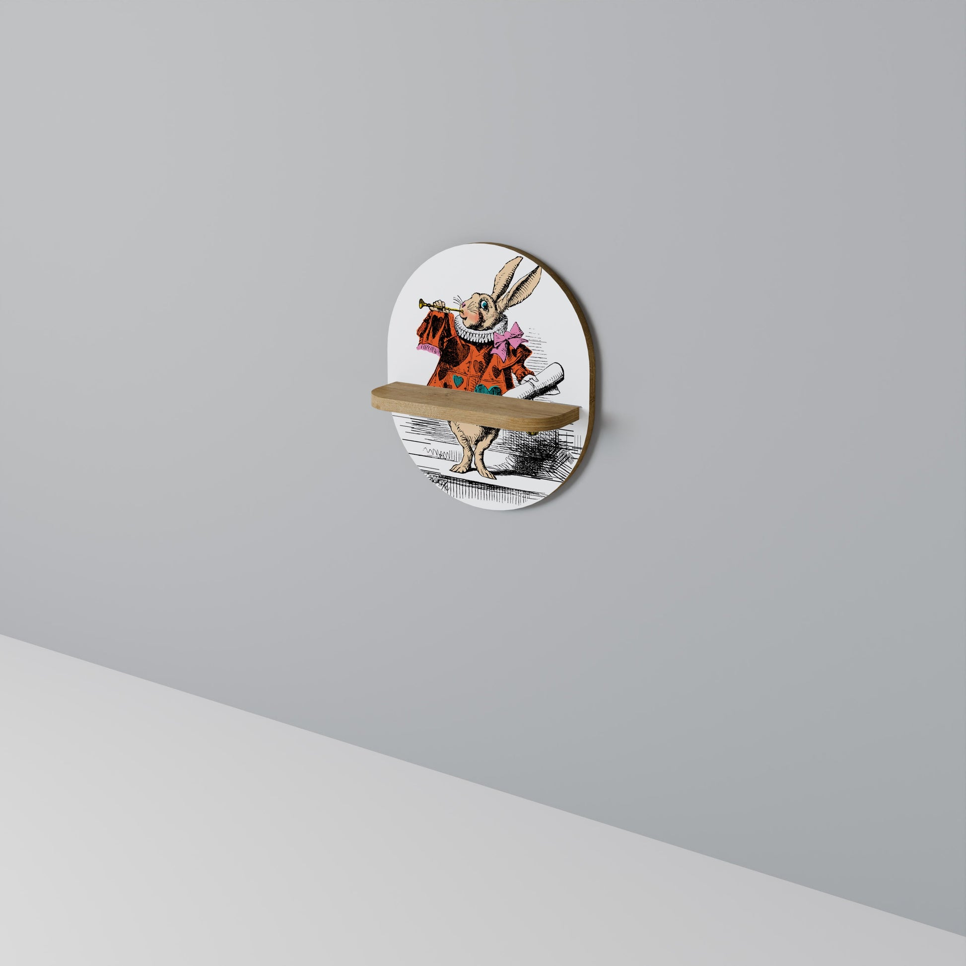 COLORFUL WHITE RABBIT Oval Art Shelf In Oak Effect