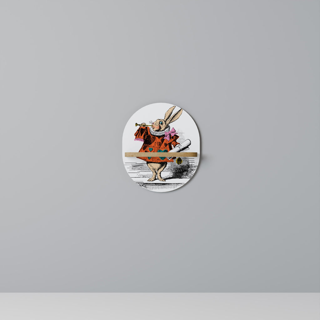COLORFUL WHITE RABBIT Oval Art Shelf In Oak Effect