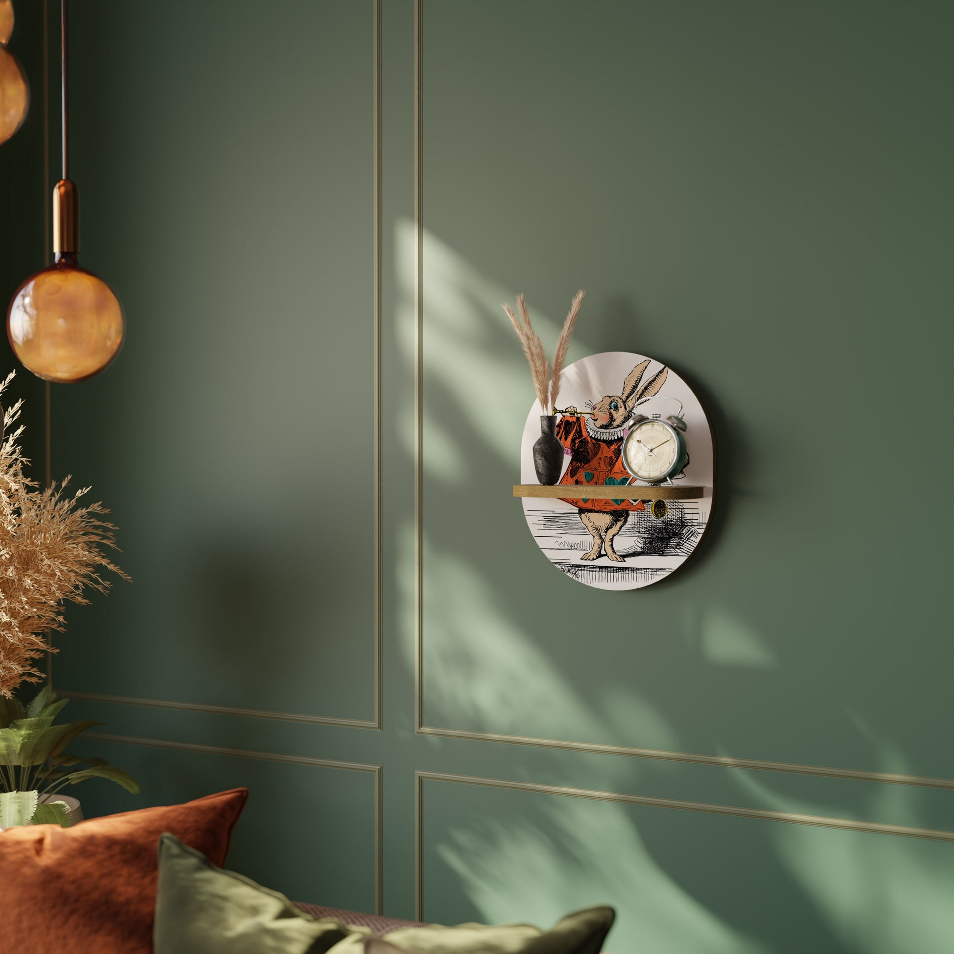 COLORFUL WHITE RABBIT Oval Art Shelf In Oak Effect