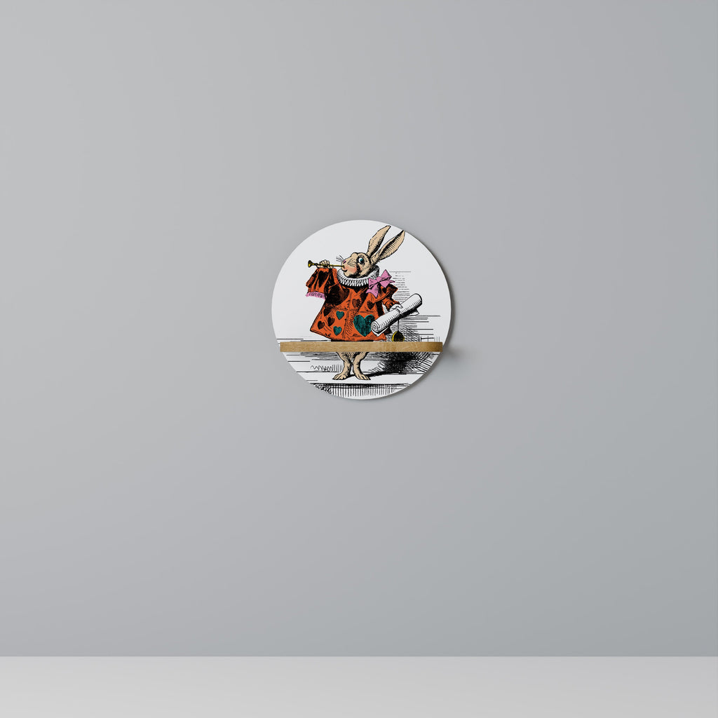 COLORFUL WHITE RABBIT Round Art Shelf In Oak Effect