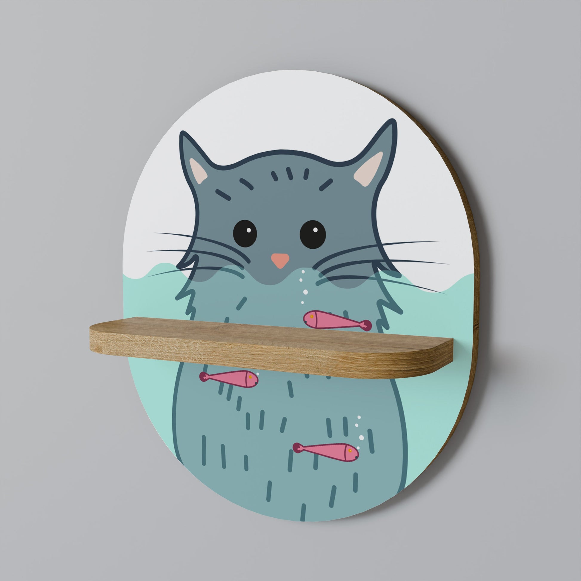 CAT SPLASH Oval Art Shelf In Oak Effect