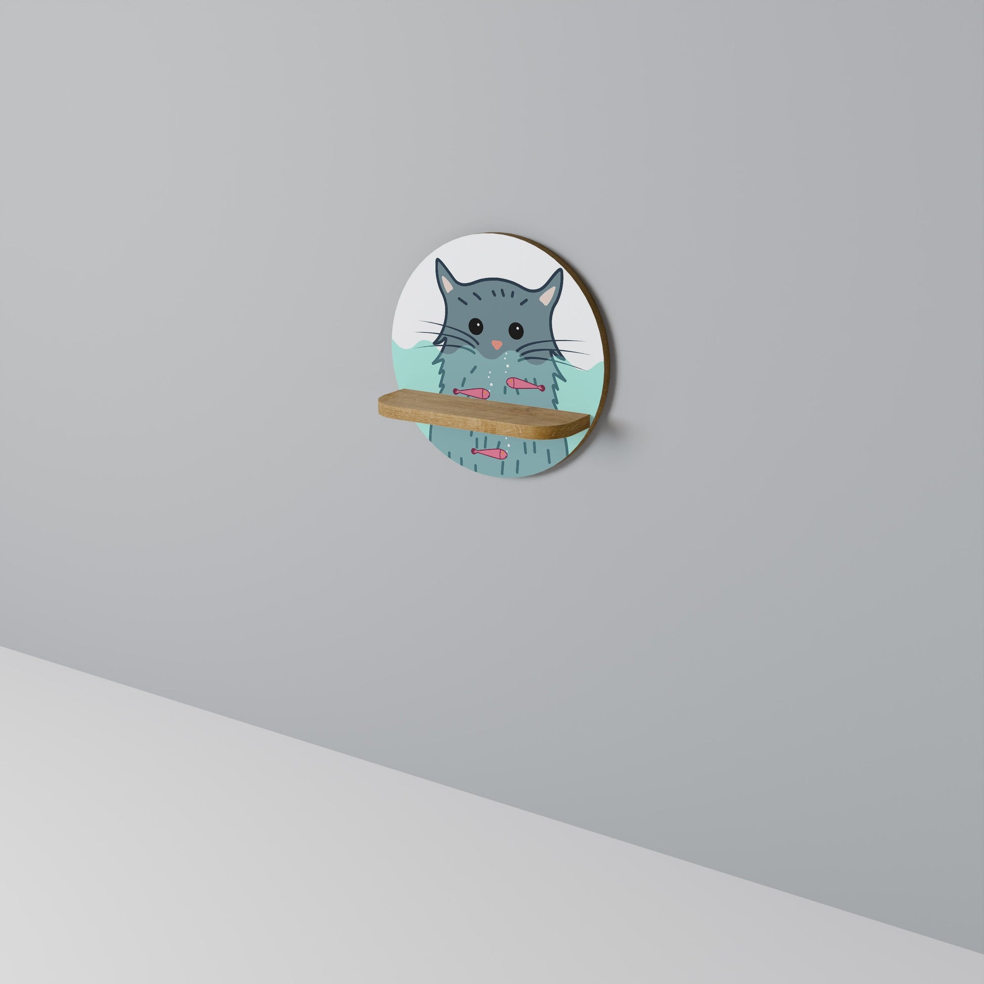 CAT SPLASH Round Art Shelf In Oak Effect